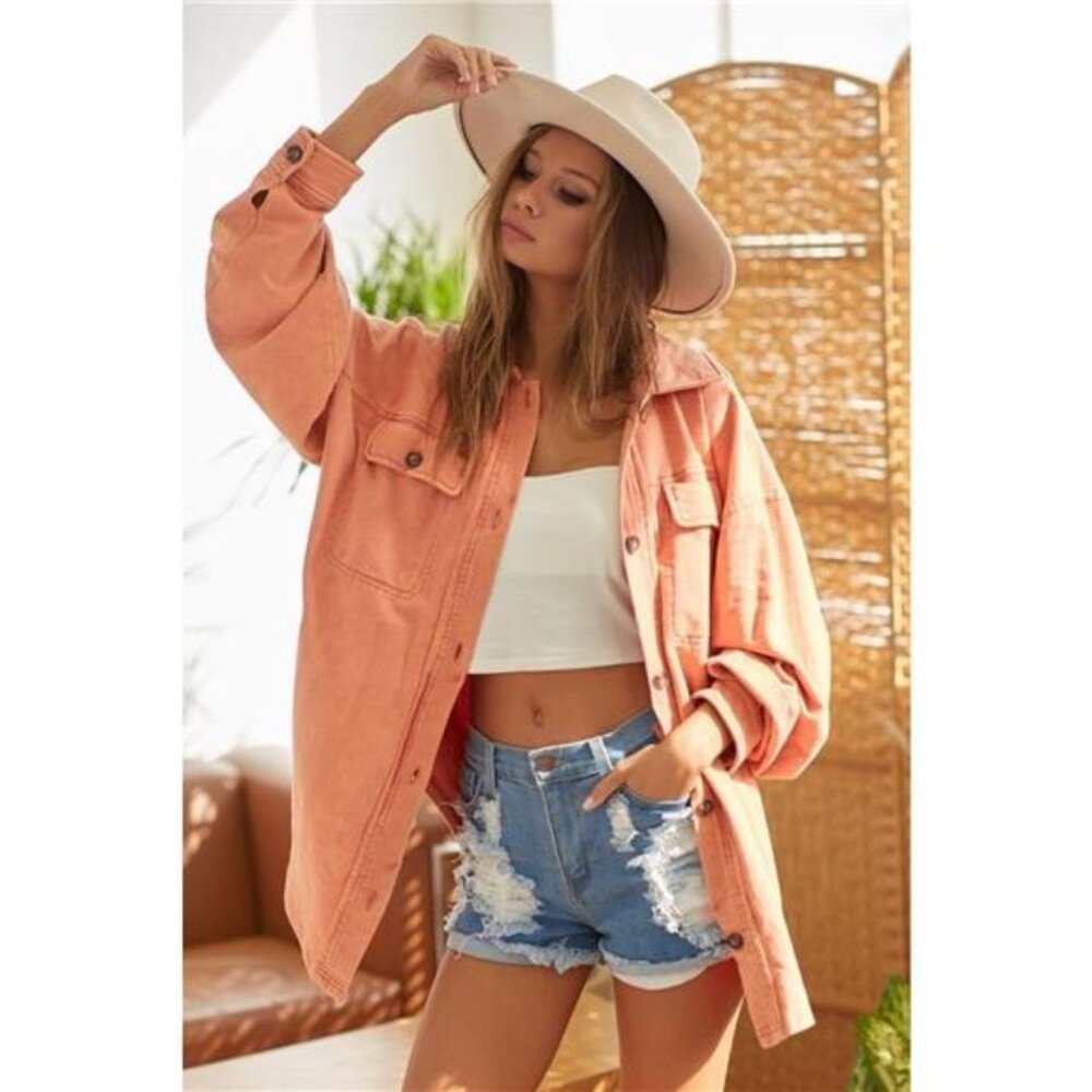 BiBi Washed Button Up Shacket with‎ Chest Pockets… - image 1